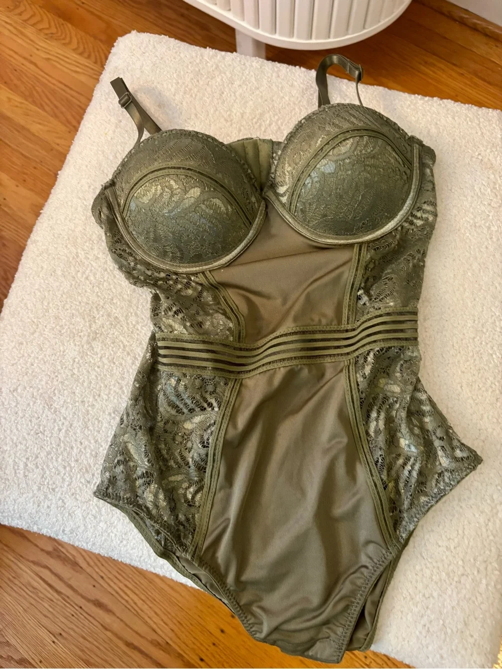 Olive Green Lace-Trim Bodysuit